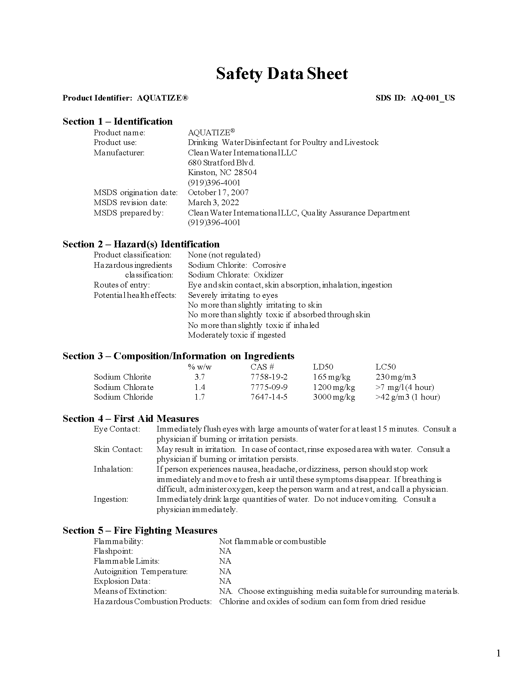 AQUATIZE Safety Data Sheet — page 1